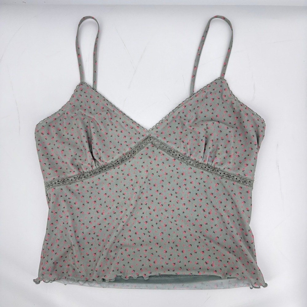 Abound Floral Mesh Camisole Women Medium Sage Green Excellent Y2K Lace Trim Top